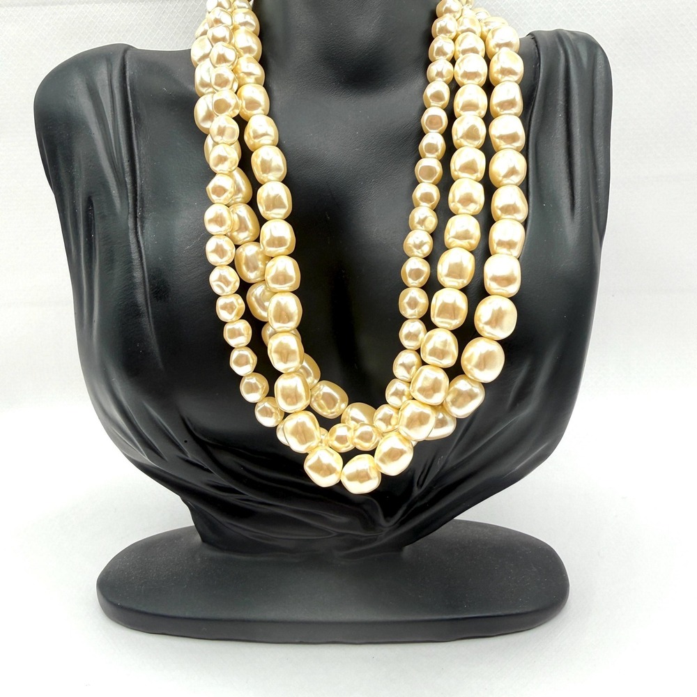 Vintage Multi Strand Chunky Faux‎ Baroque Pearl 15" Necklace w/ Gold Tone Clasp
